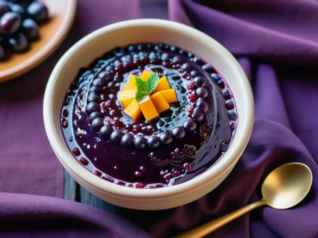 Detalle de Mazamorra Morada con maíz morado y textiles peruanos, receta tradicional