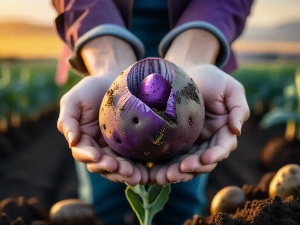 Detalle de papa morada sostenida en mano con tierra, en un campo de papas variadas al atardecer