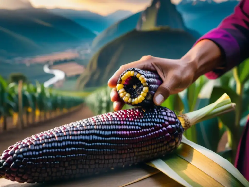 Detalle de maíz morado peruano cosechado a mano bajo el sol dorado en una granja andina, con elaboración tradicional mazamorra morada