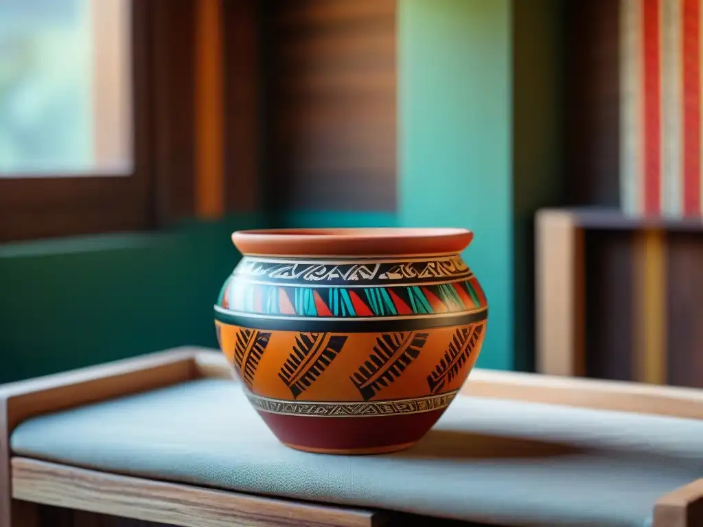 Detalle de una olla de barro peruana con patrones incas, en un mostrador de cocina rústico