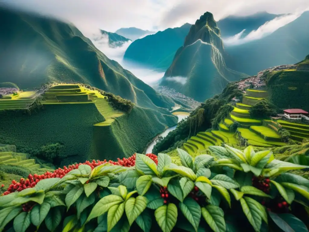 Detalle de un paisaje verde exuberante en Perú con árboles de molle, resaltando su belleza natural