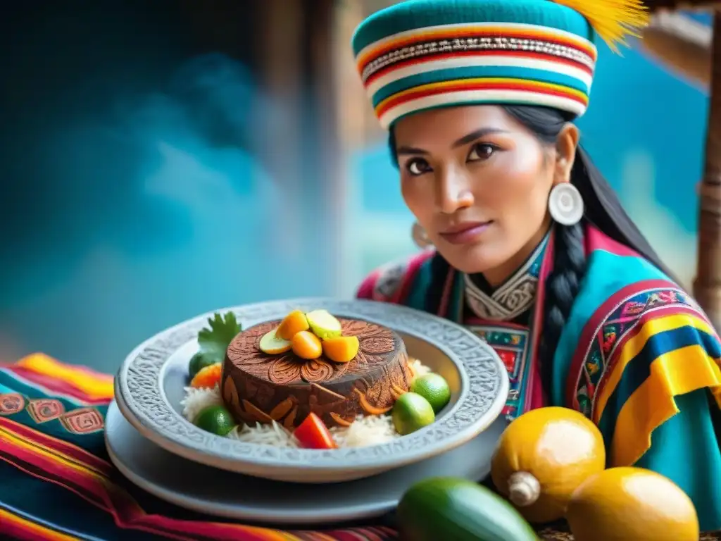 Batán peruano: historia y arte culinario Detalle de un batán peruano tradicional resaltando su importancia en la cocina peruana, rodeado de textiles vibrantes