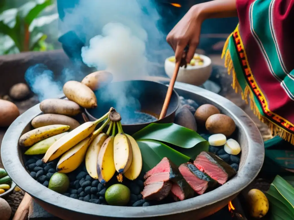 Detalle de la preparación Pachamanca cocina autóctona: piedras calientes, carnes, papas andinas y hojas de plátano en un hoyo de tierra humeante