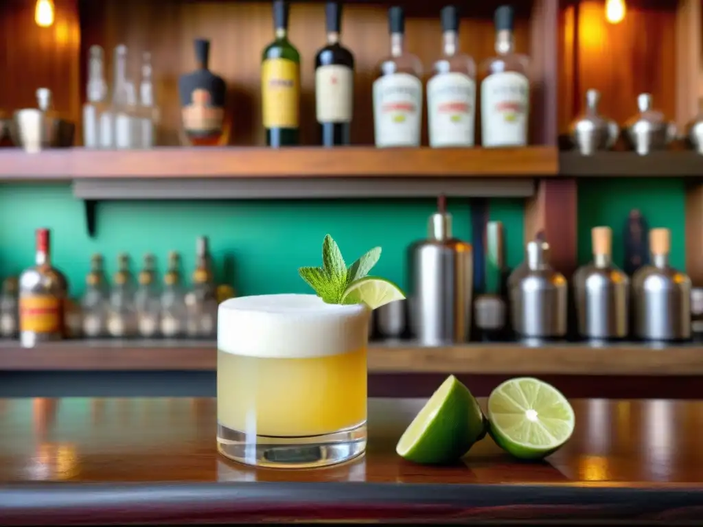 Detalle de un pisco sour peruano con lima y menta, resaltando los beneficios del pisco peruano en un ambiente acogedor y auténtico