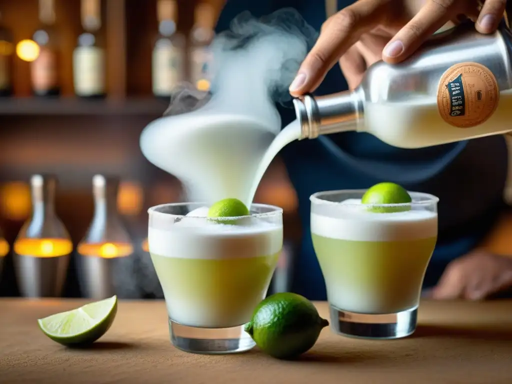 Detalle de preparación de un pisco sour peruano con diferencias pisco peruano aguardiente chileno