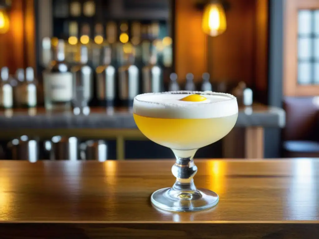 Detalle de un pisco sour peruano con espuma blanca y limón en barra de madera, ideal para artículo sobre Propiedades del pisco para salud