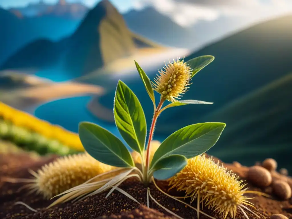 Detalle de una planta de kiwicha andina en un campo dorado bajo el sol andino