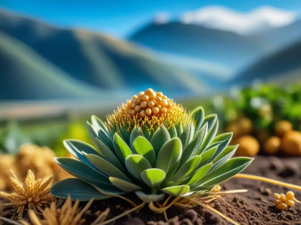 Kiwicha ancestral: detalle vibrante en campo andino Detalle de una planta de kiwicha andina recién cosechada en un campo andino soleado, mostrando sus granos dorados en un entorno exuberante