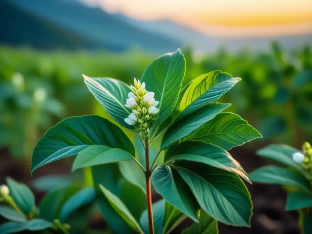 Detalle de planta de kiwicha madura en campo soleado, mostrando sus hojas verdes vibrantes, flores blancas y granos dorados listos para cosechar