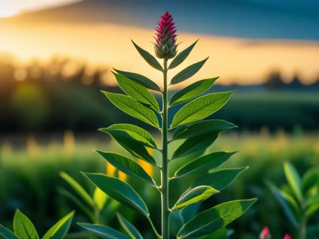 Detalle de una planta de kiwicha vibrante en un campo soleado, con sus hojas intrincadas, flores delicadas y semillas listas para la cosecha