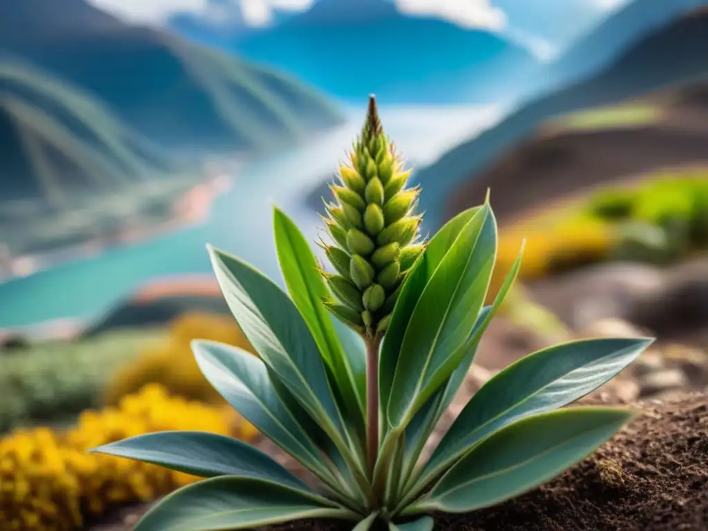 Detalle de una planta de kiwicha verde vibrante bajo el sol peruano, resaltando sus beneficios en la agricultura y cocina locales