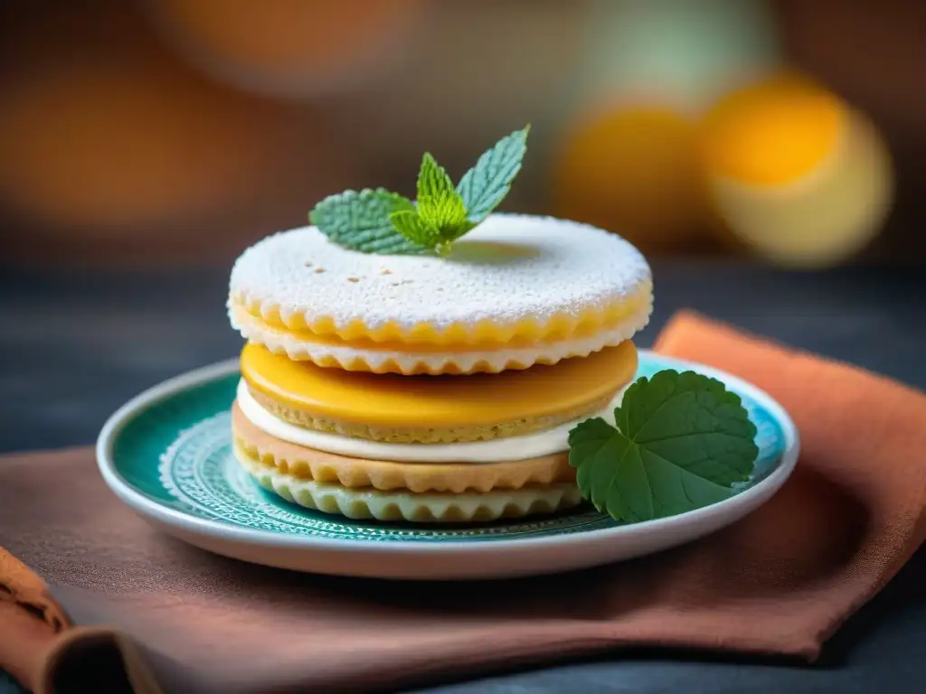 Detalle de postre peruano con influencia árabe, mostrando capas delicadas y decoraciones ornamentadas en plato de cerámica rústica