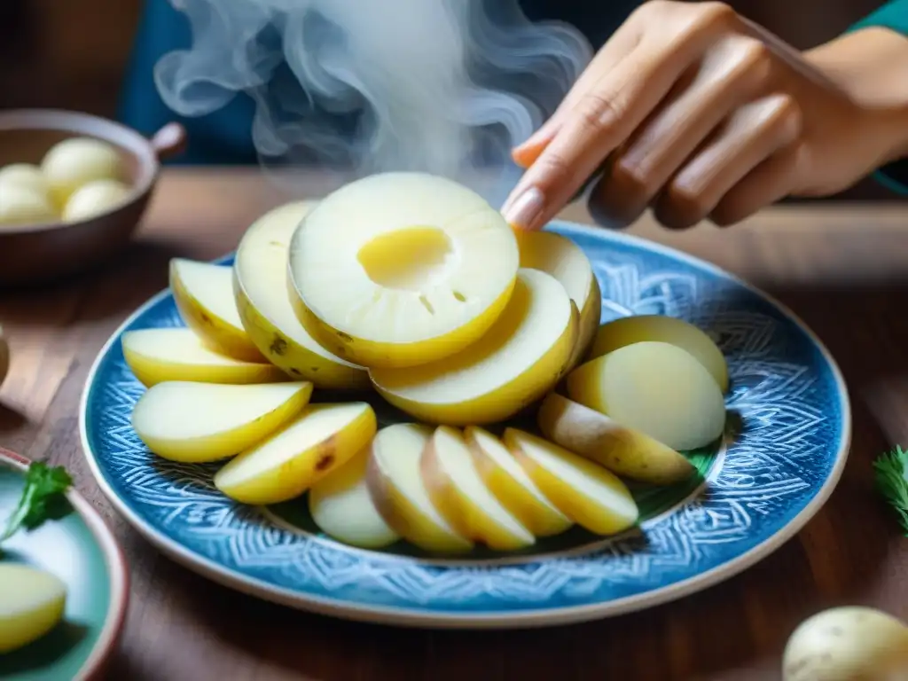 Detalle de la preparación de una receta auténtica papa a la huancaína con meticulosidad y pasión