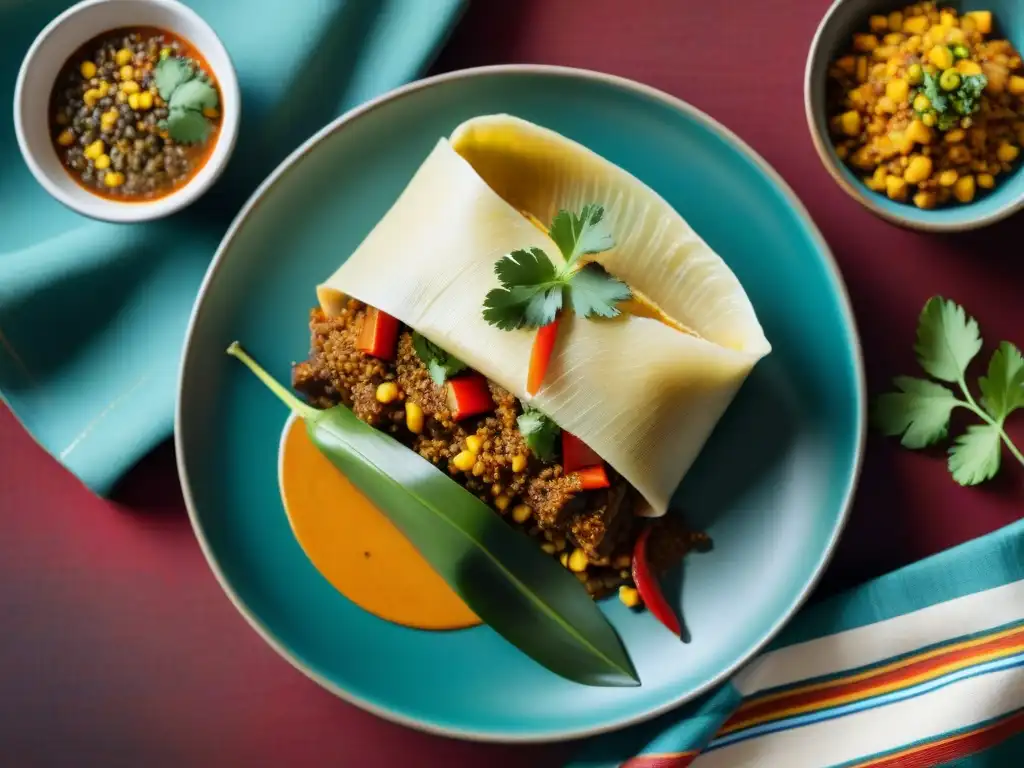 Detalle de la presentación del Tamal Peruano con ingredientes y colores vibrantes