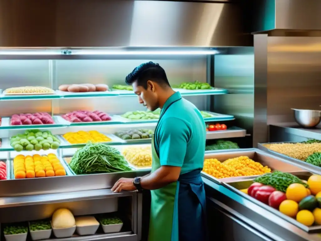 Detalle de refrigeración de ingredientes peruanos en cocina vibrante con chefs ocupados y productos frescos organizados