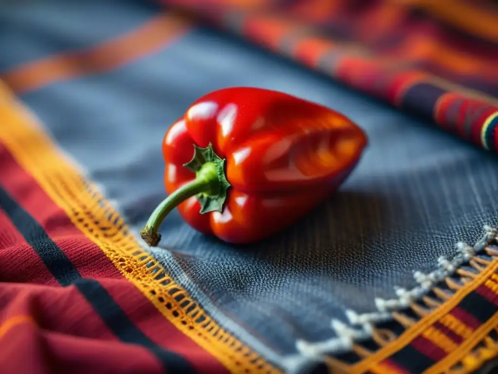 Detalle de un rocoto rojo brillante sobre textiles peruanos, resaltando la importancia de ingredientes autóctonos en la gastronomía peruana