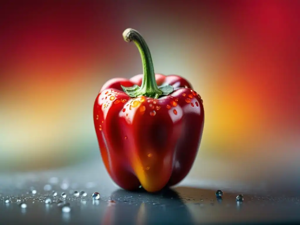 Detalle de un rocoto rojo fresco, con semillas y gotas de agua, en una cocina peruana