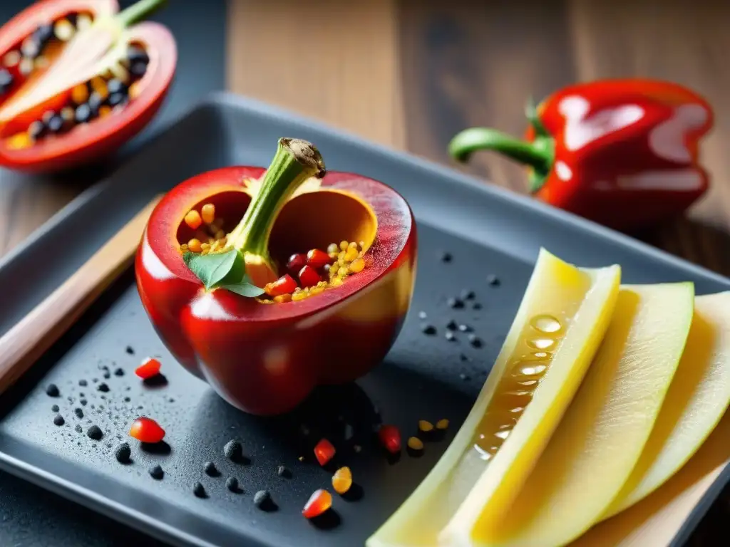 Detalle de un rocoto rojo vibrante cortado, mostrando sus semillas y picante, con gotas de agua brillando, junto a utensilios peruanos