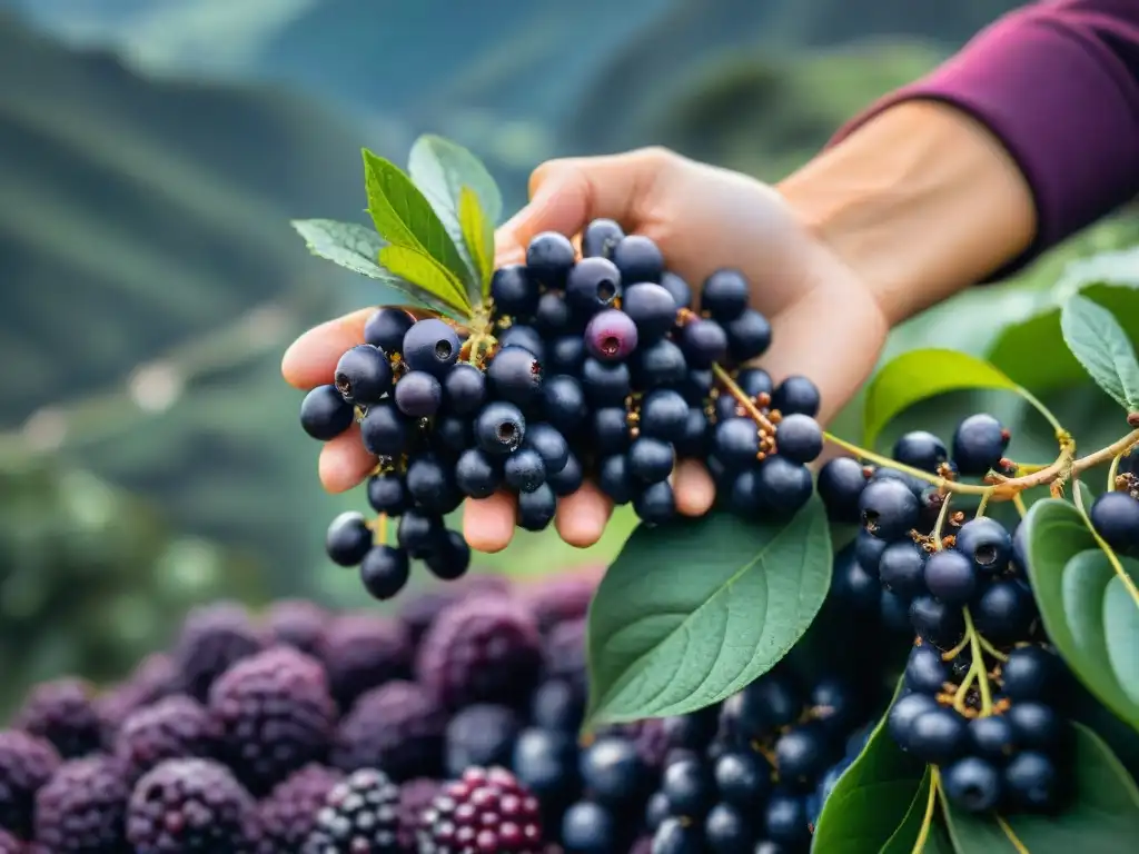 Detalle de saúco fresco en Perú, morado intenso entre la exuberante vegetación