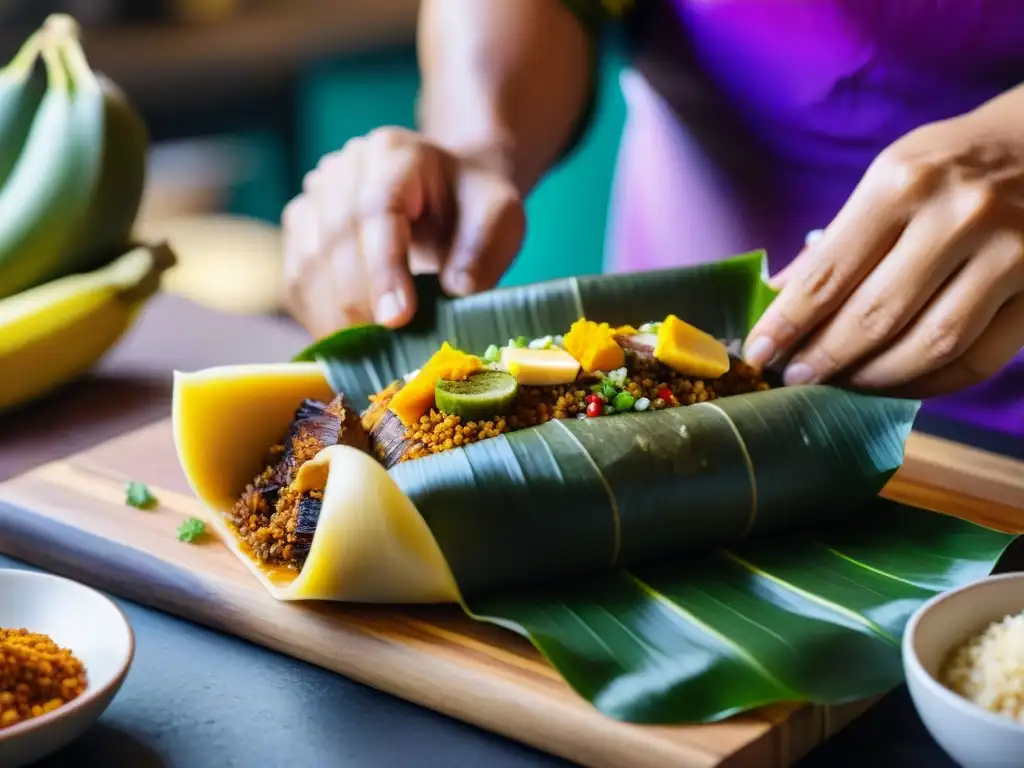 Detalle de un tamal peruano autóctono siendo preparado con esmero en un festival culinario