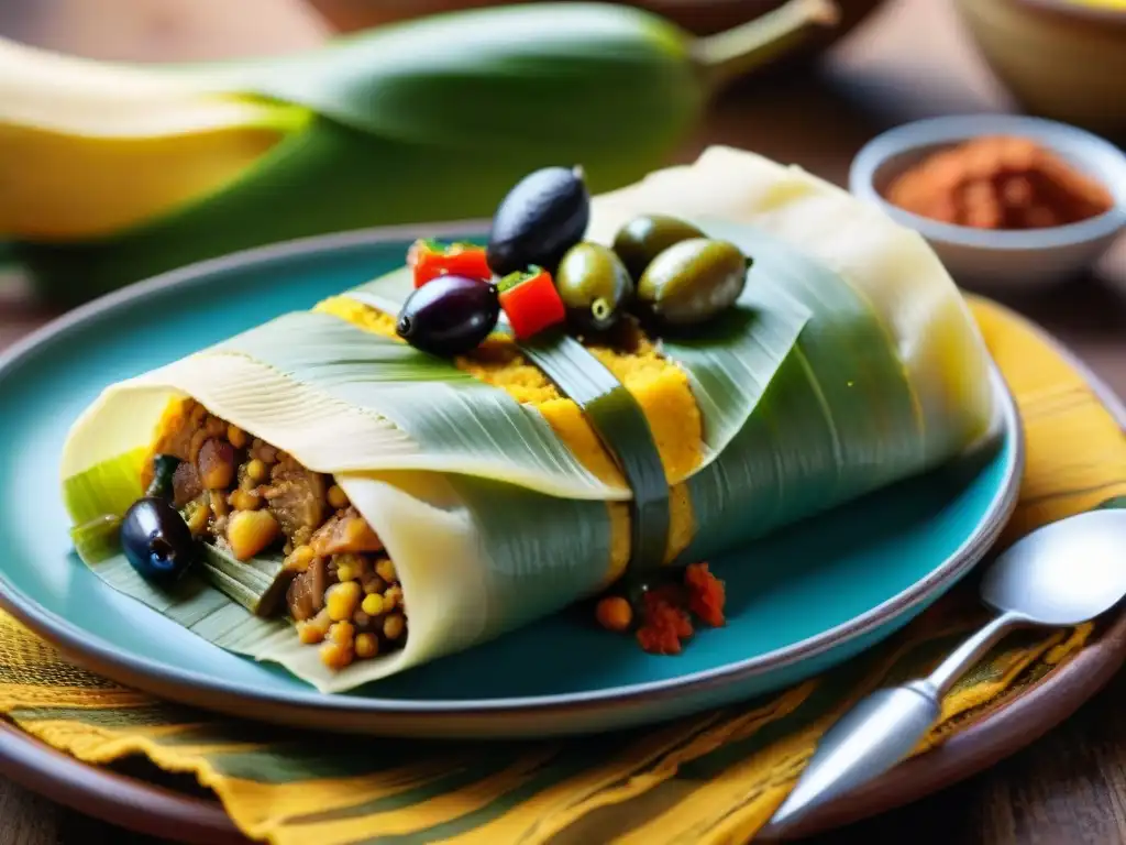 Detalle de un tamal peruano recién desempaquetado con ingredientes autóctonos