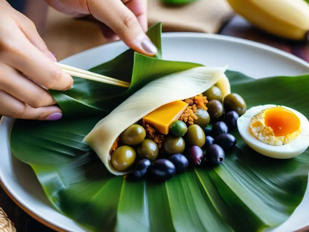 Detalle de la evolución del tamal peruano tradicional con ingredientes vibrantes y técnicas contemporáneas