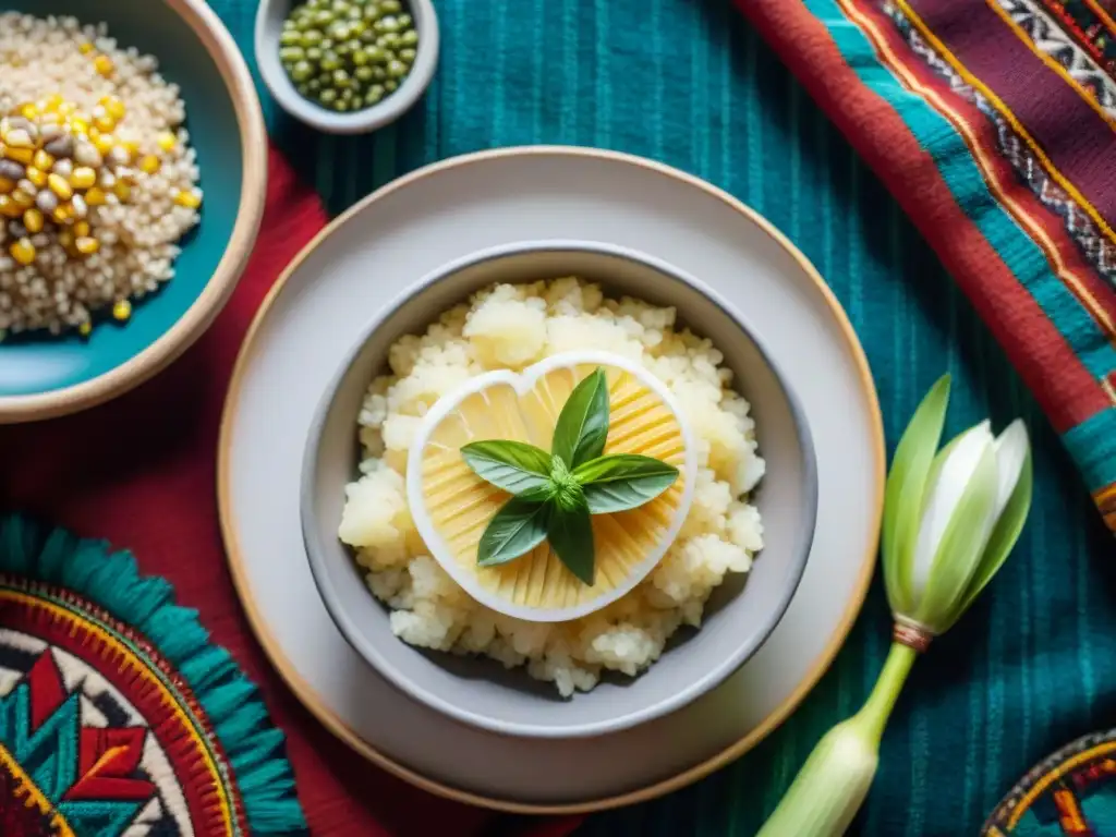 Detalle del Batán: utensilio ancestral cocina peruana, rodeado de textiles y alimentos andinos frescos