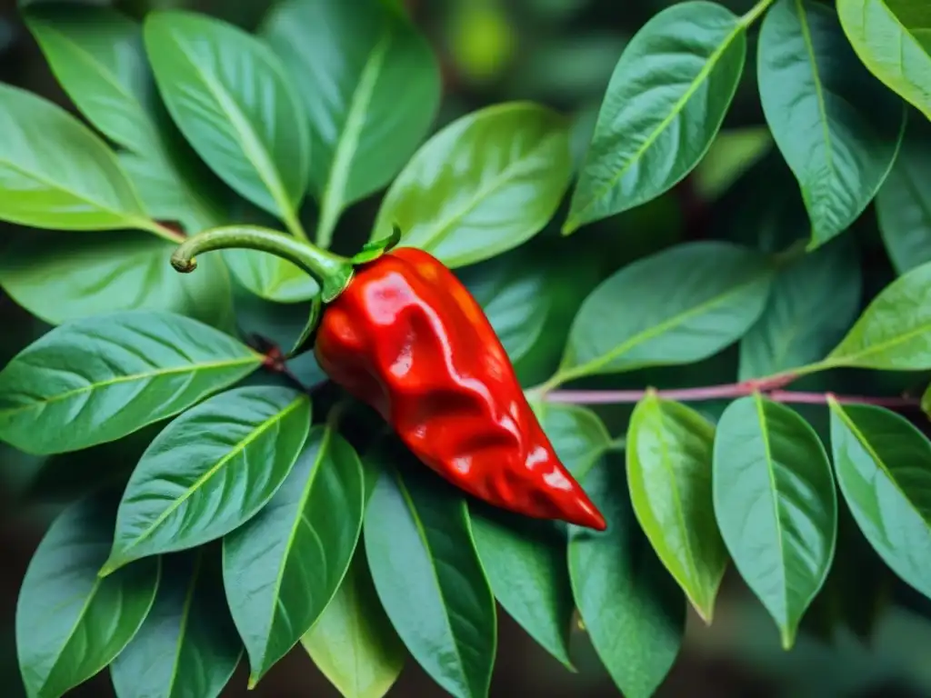 Detalle vibrante de un ají charapita rojo, rodeado de hojas verdes exuberantes, resaltando su origen en la selva amazónica