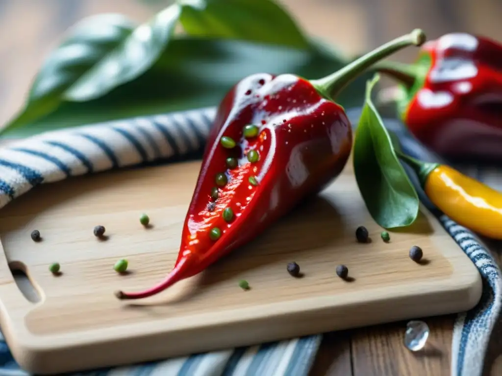 Detalle vibrante de un ají peruano rojo con semillas, rodeado de cilantro fresco y tejido tradicional