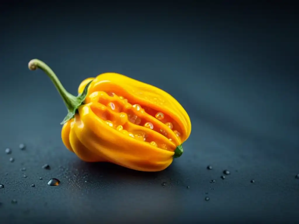 Detalle vibrante del ají amarillo con gotas de agua, resaltando su textura arrugada