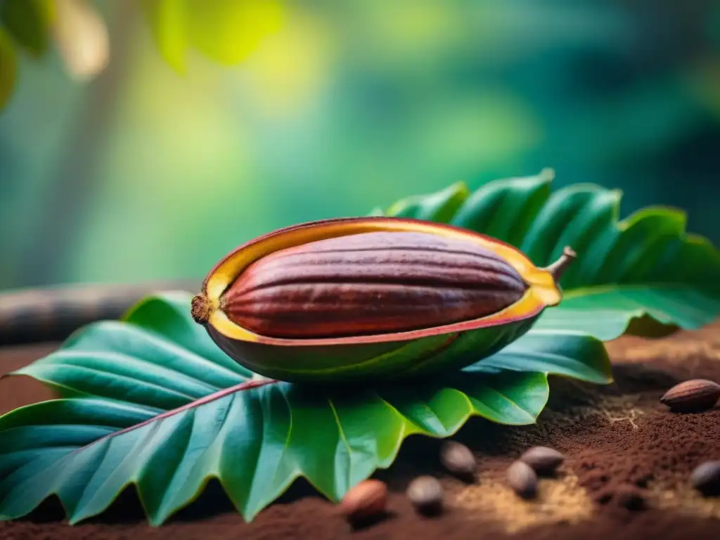 Detalle vibrante de un cacao peruano recién cosechado en plantación, resaltando su belleza natural