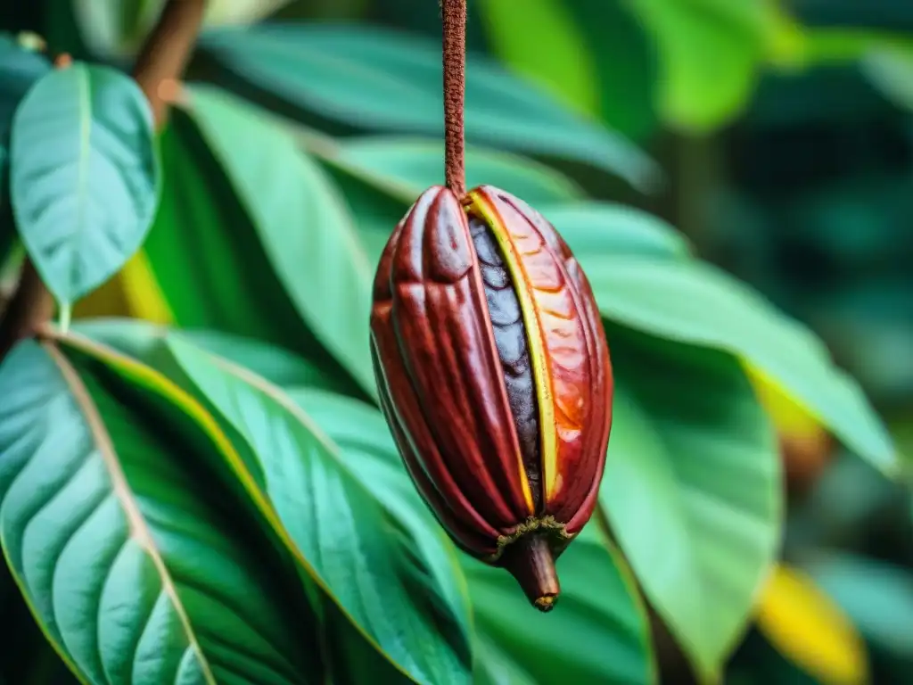 Detalle vibrante de un cacao en una plantación peruana, destacando su belleza natural