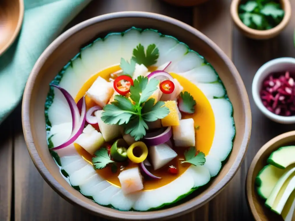 Detalle vibrante del ceviche peruano auténtico: pescado fresco, cebolla morada, cilantro y ají, en un plato sobre mesa de madera rústica