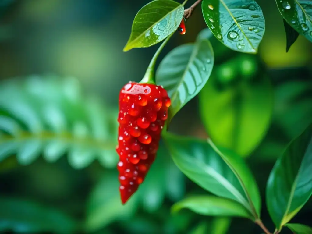 Detalle vibrante de un ají charapita rojo en rainforest peruano