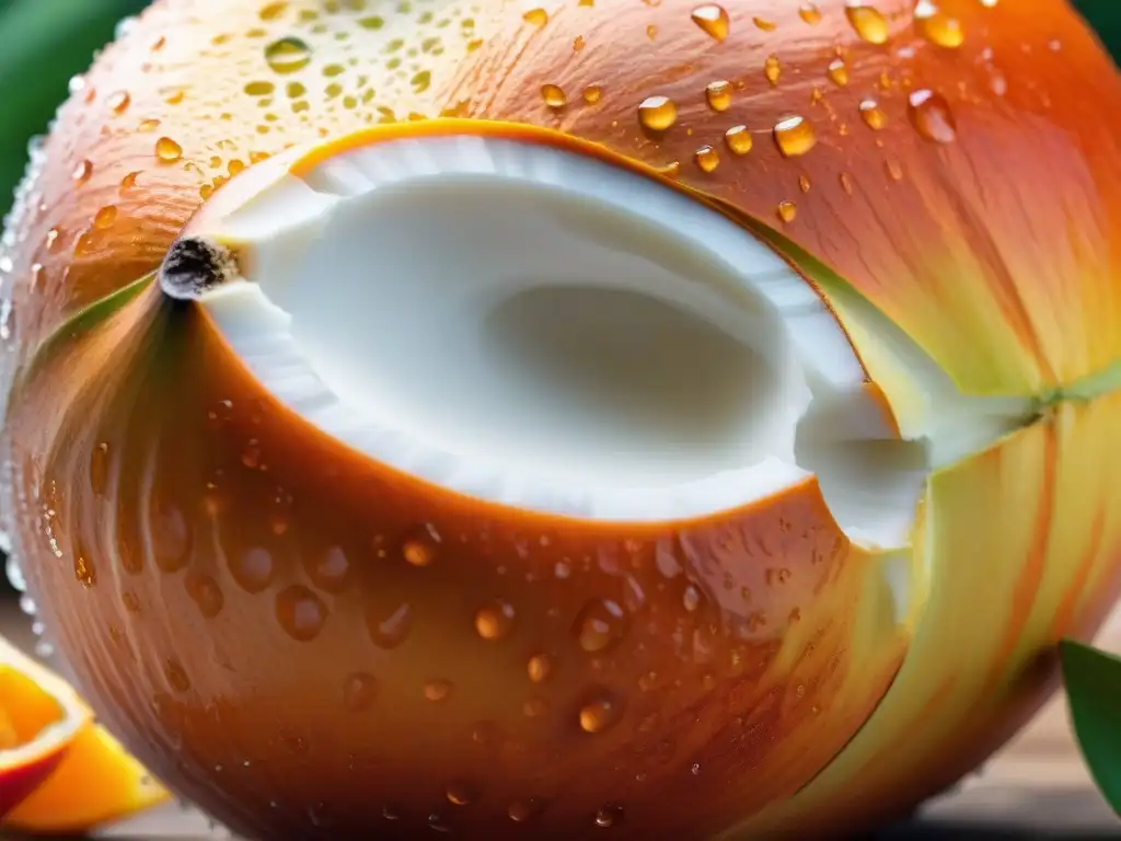 Detalle vibrante de una cocona recién cosechada con gotas de agua, mostrando sus patrones y texturas únicas