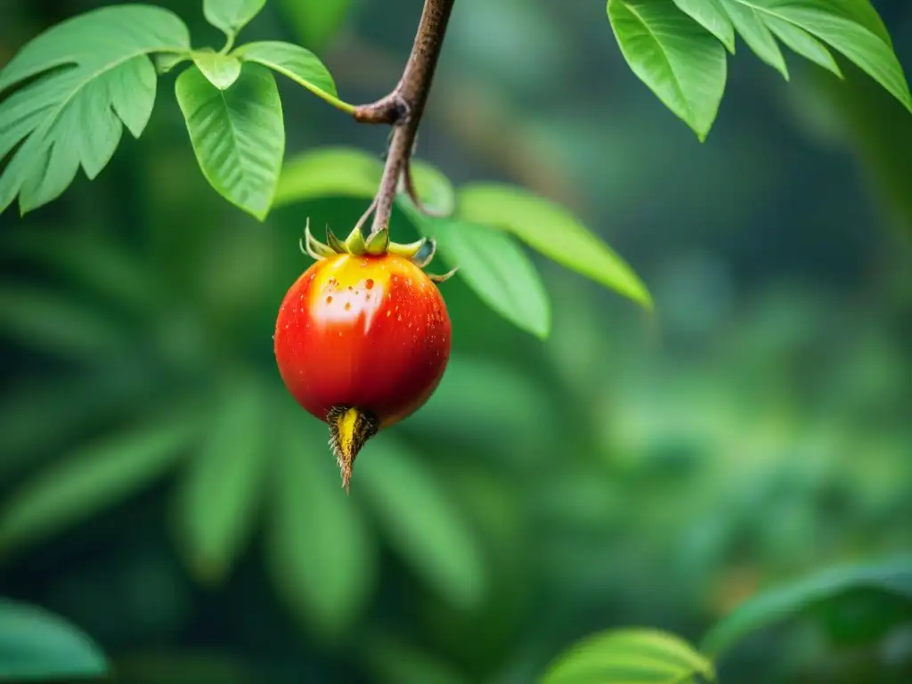 Detalle vibrante de una cocona madura con piel amarilla y pulpa roja jugosa, en un bosque amazónico