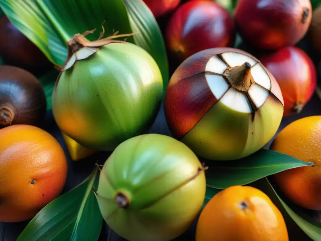 Detalle vibrante de coconas frescas en mercado local, destacando su color único y textura suave