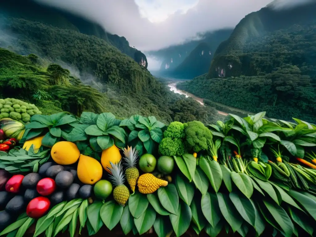 Detalle vibrante de la exuberante selva amazónica peruana con ingredientes nativos, reflejando la esencia de la cocina tradicional selva peruana