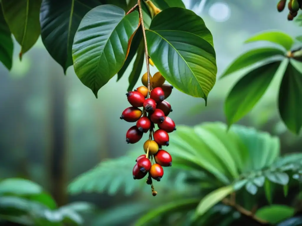 Detalle vibrante de frutos Camu Camu en la exuberante selva amazónica