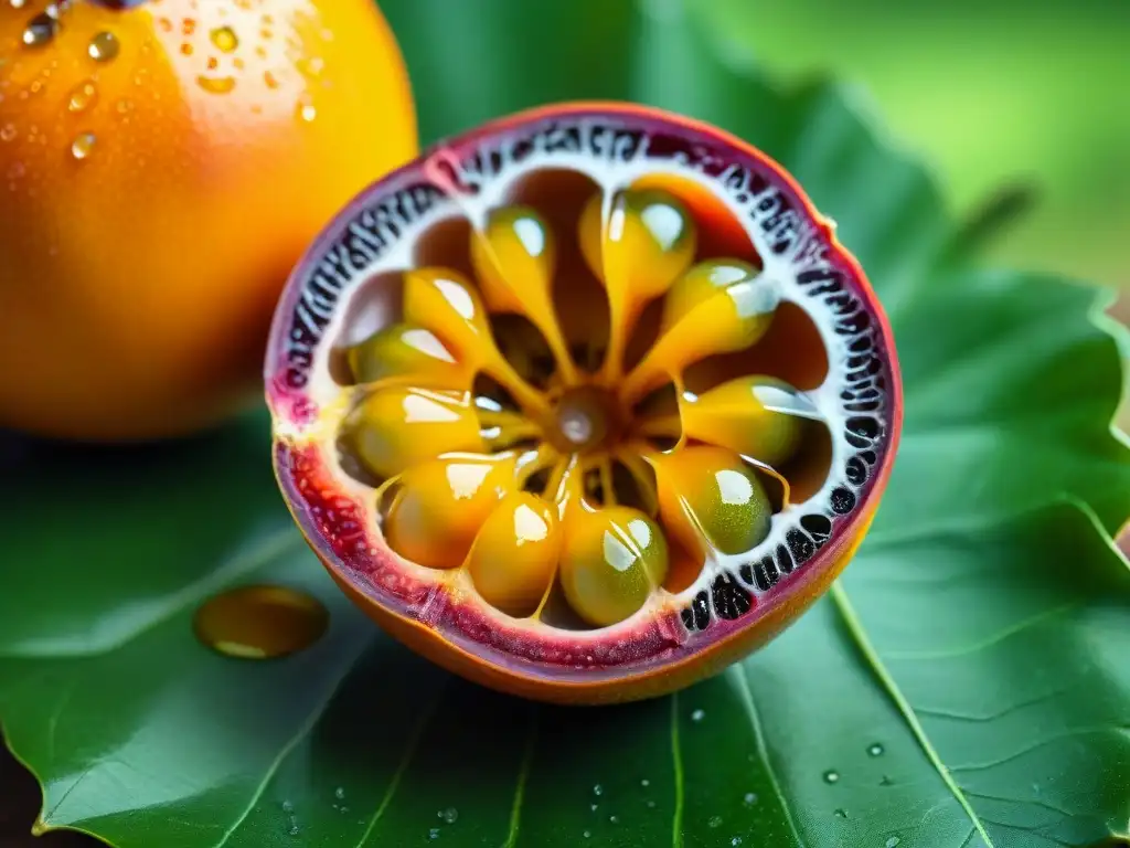 Detalle vibrante de una granadilla peruana madura, exudando frescura tropical