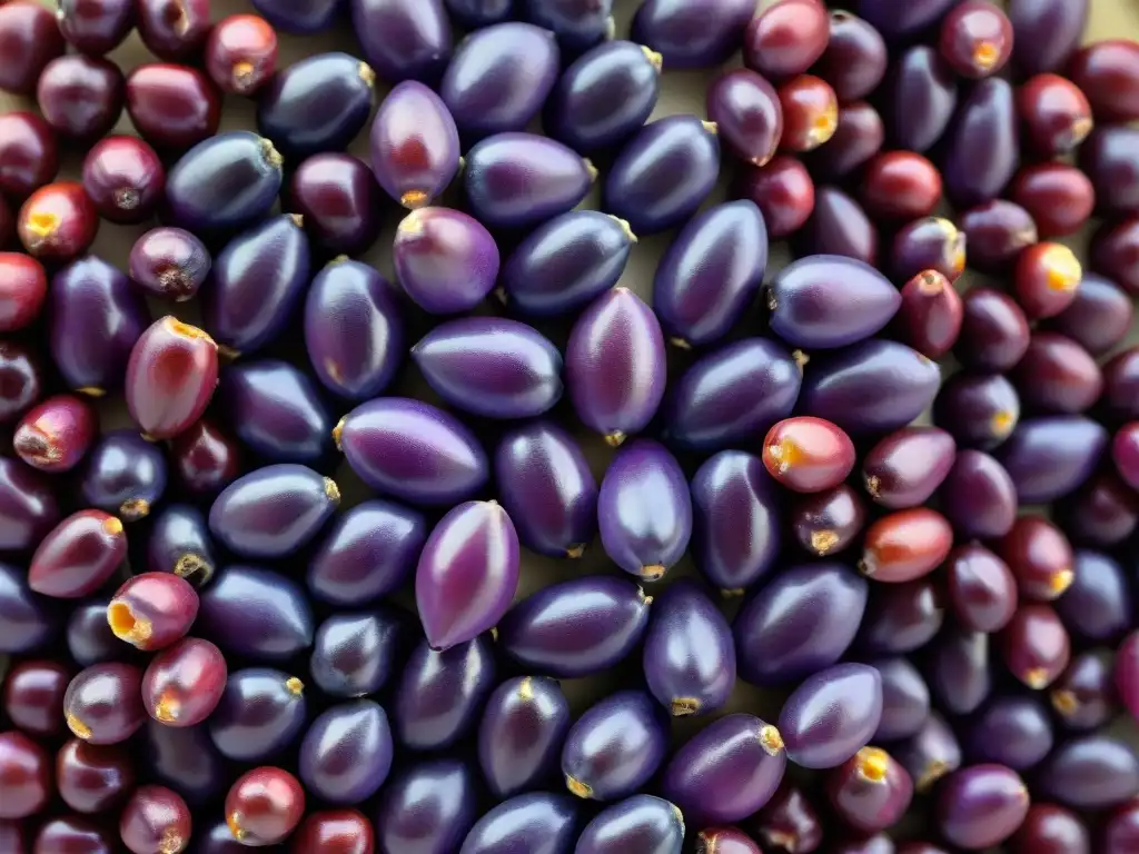 Detalle vibrante de granos de maíz morado en un patrón circular, resaltando sus propiedades antioxidantes