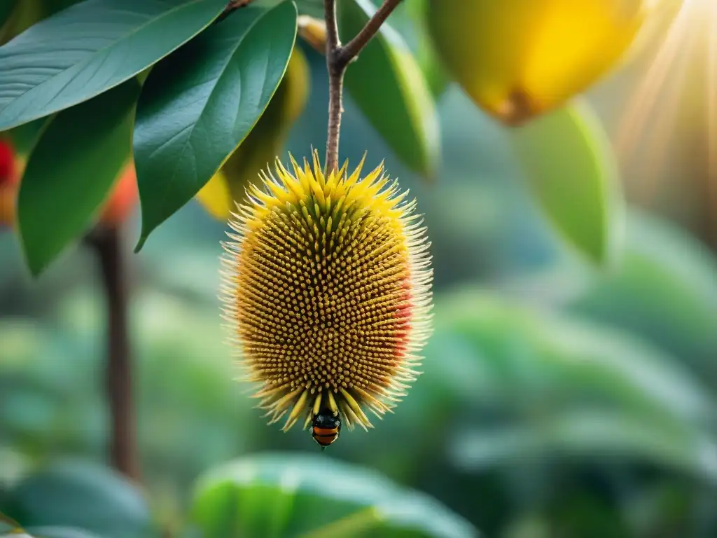 Detalle vibrante de guanábana peruana fresca colgando en un exuberante huerto, con sabor refresco único