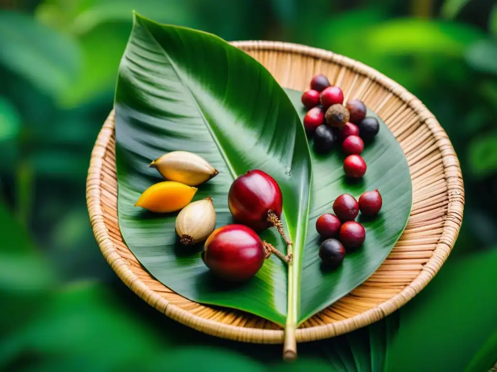 Detalle vibrante de ingredientes exóticos amazónicos en platos de hoja de palma sobre fondo selvático