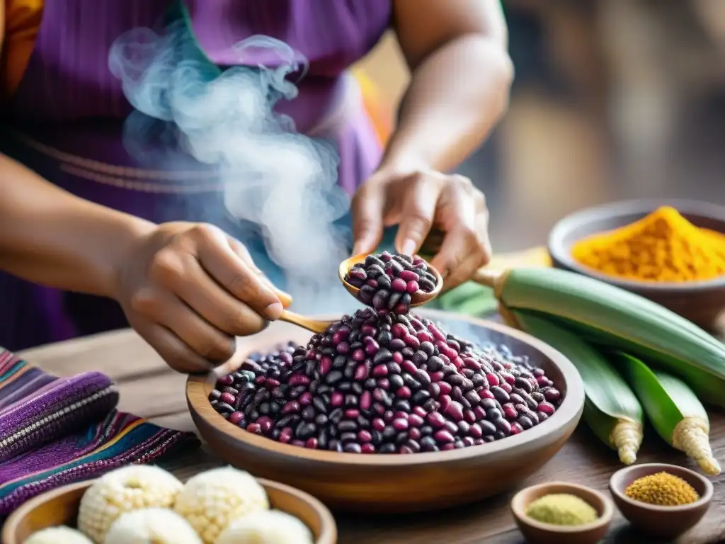 Detalle vibrante de manos preparando maíz morado en gastronomía peruana, resaltando la rica herencia culinaria