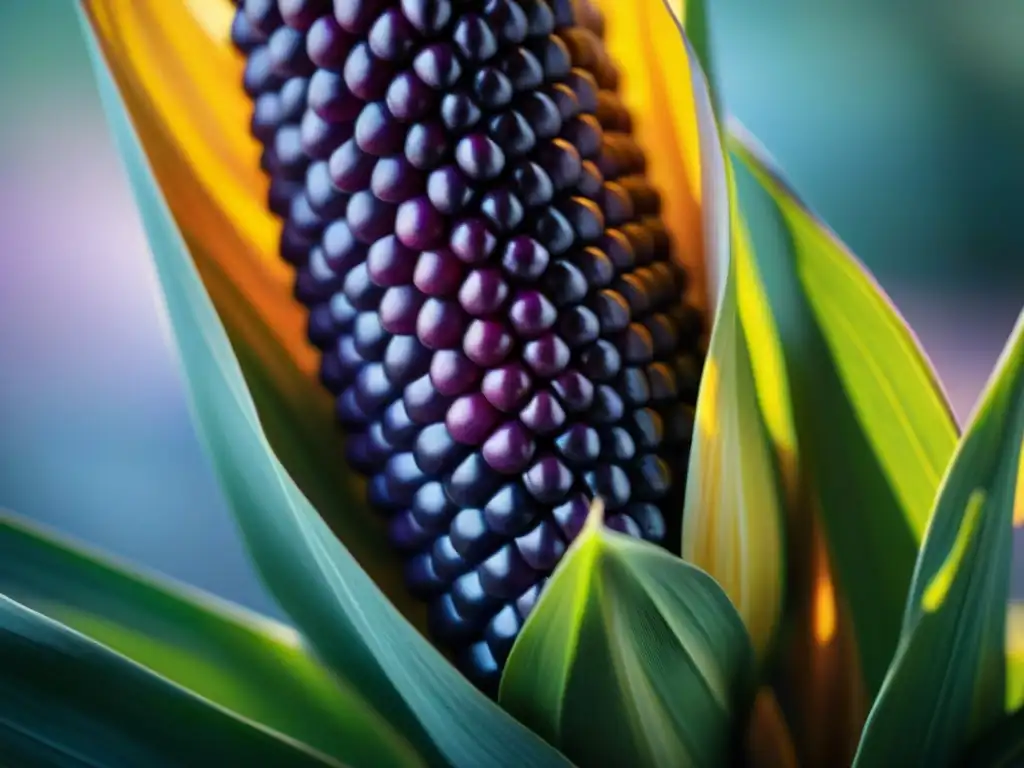 Detalle vibrante de una mazorca de maíz morado, resaltando sus beneficios y belleza natural