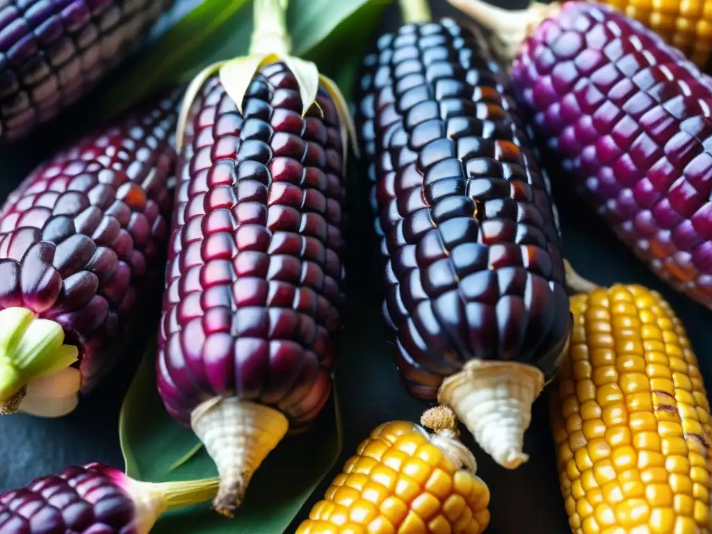 Detalle vibrante de mazorcas moradas de maíz, clave en la receta chicha morada auténtica