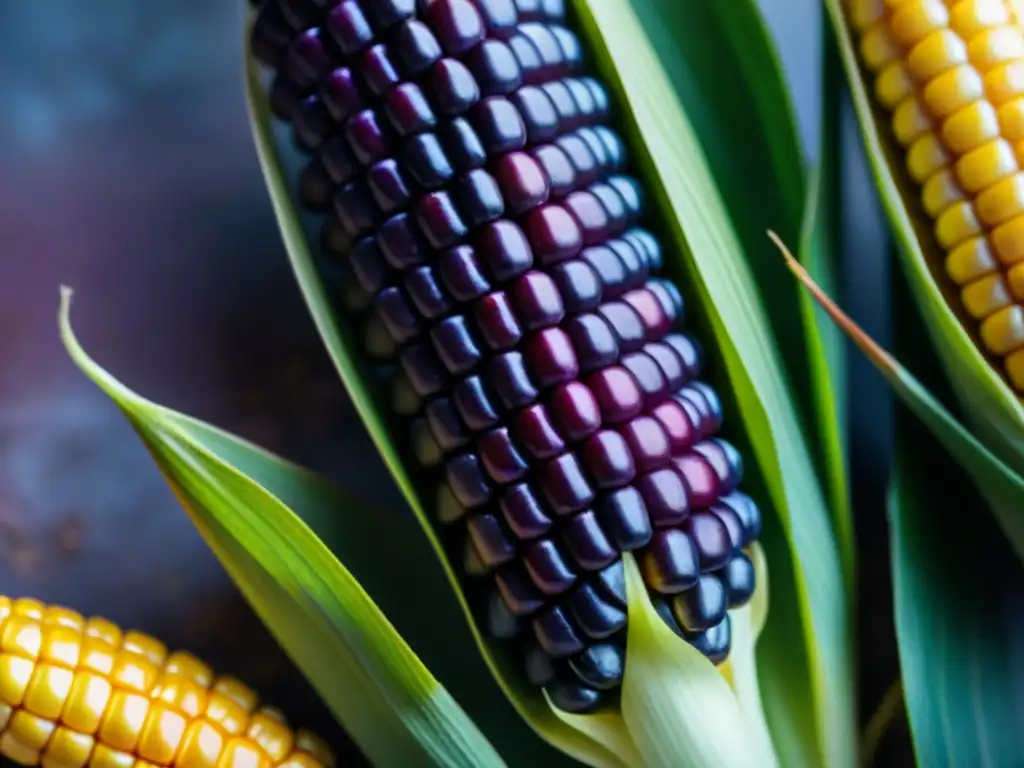 Detalle vibrante de un maíz morado, resaltando sus beneficios y tradición en Perú