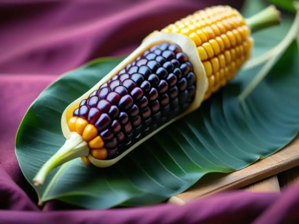 Detalle vibrante de un maíz morado en la gastronomía peruana, resaltando su belleza única y significado cultural