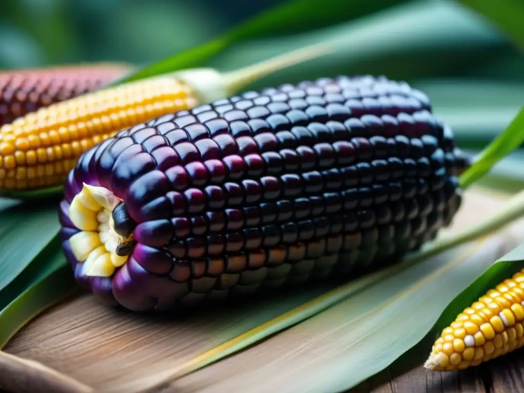 Detalle vibrante del maíz morado peruano, resaltando su importancia en gastronomía costeña