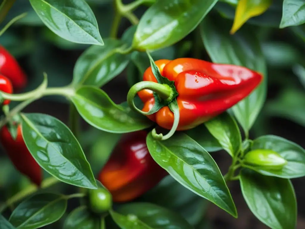 Detalle vibrante de ajíes peruanos maduros en un jardín soleado